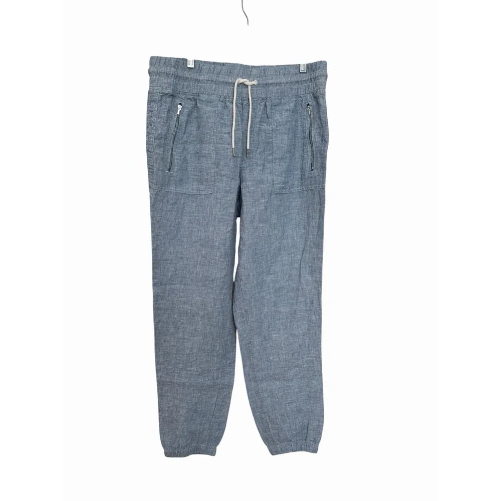ATHLETA Cabo Tide Linen Jogger Sz 12 Travel Resort 100% Linen Pant Blue #FFF6-4